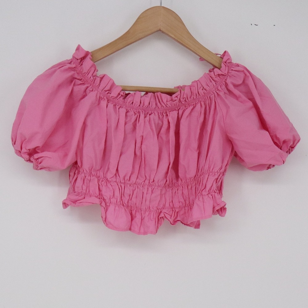 Zara Crop Top Womens Medium Pink Off Shoulder Puff Sleeve Smocked Excellent